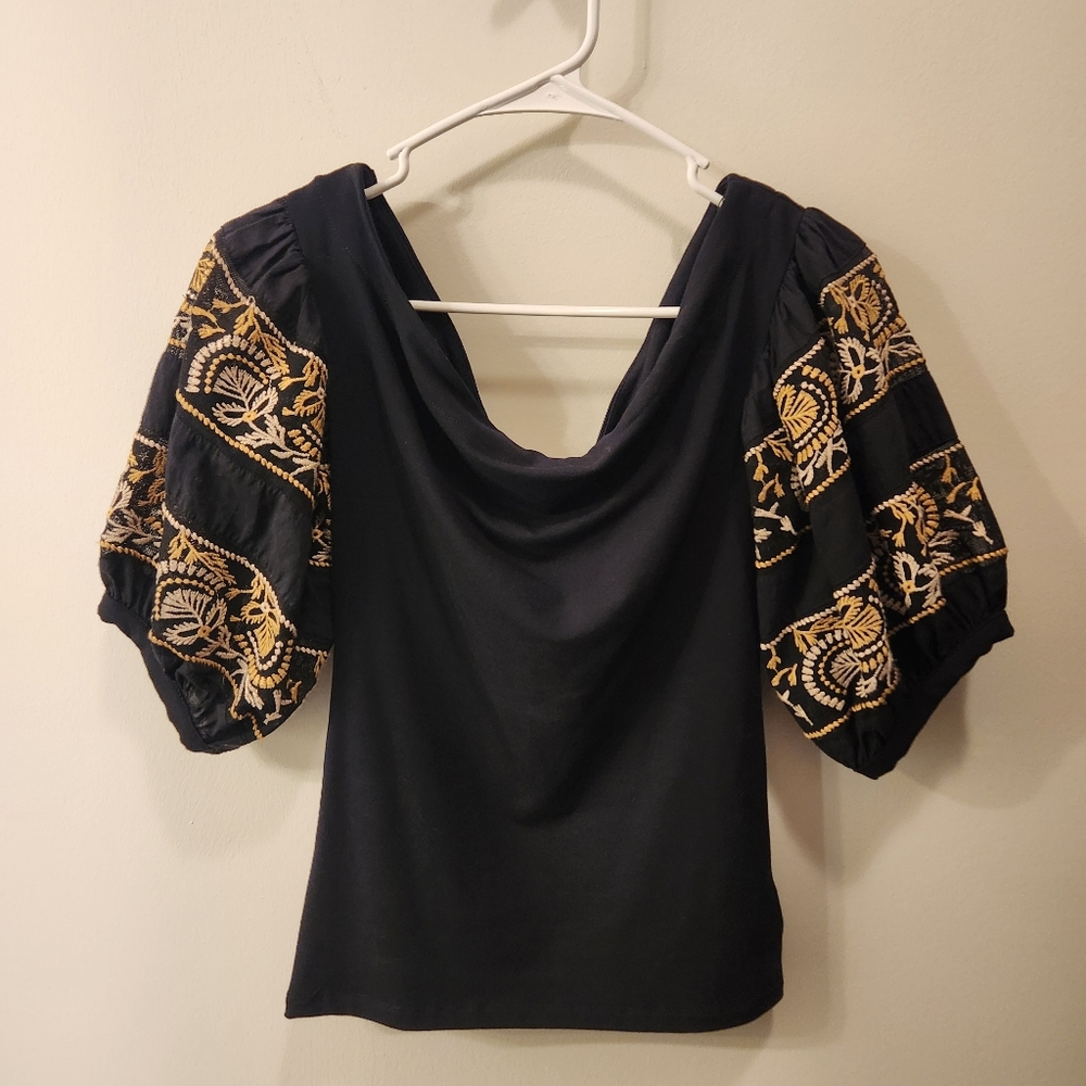 Free People Rock With It Black Embroidered Off-the-Shoulder Top Size XS